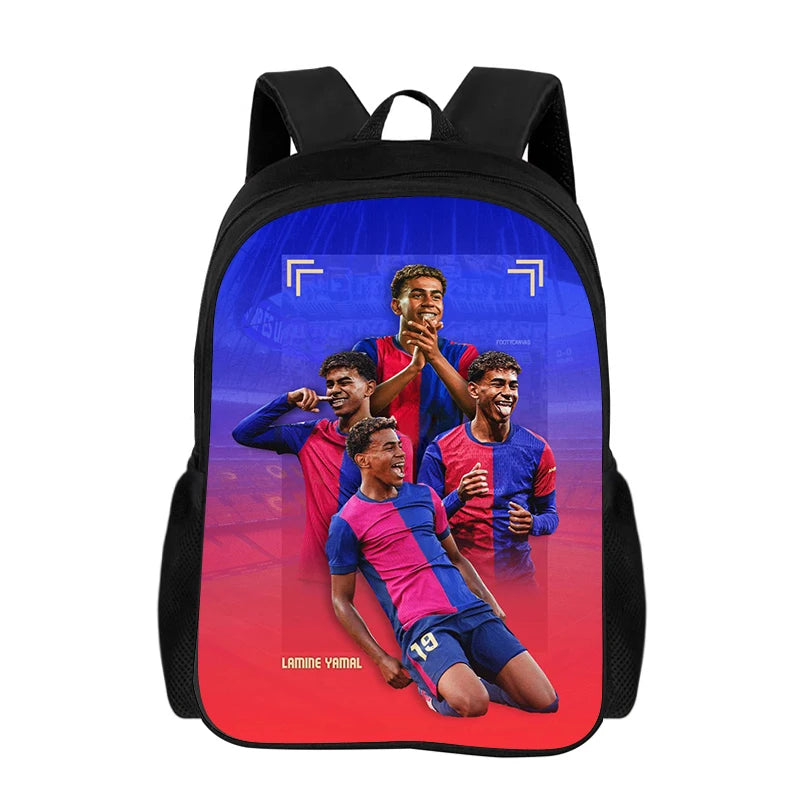 Black backpack featuring a vibrant graphic of a soccer team celebrating