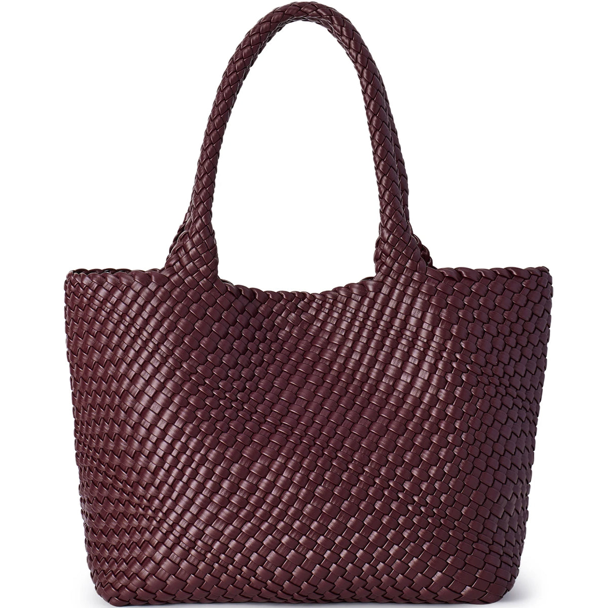 A dark burgundy handwoven vegan leather tote bag with a woven texture.