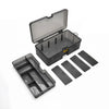 A large capacity fishing tackle box with an open lid and multiple compartments shown in various configurations.