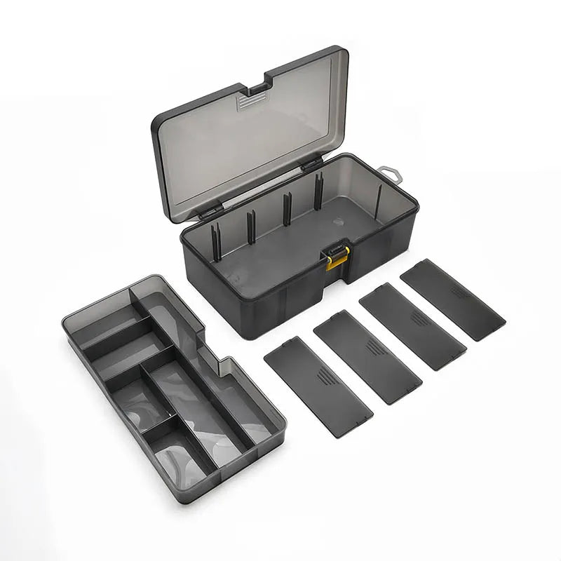 A large capacity fishing tackle box with an open lid and multiple compartments shown in various configurations.
