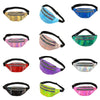 A collection of ten holographic sequin waist bags in various colors and patterns with adjustable straps.