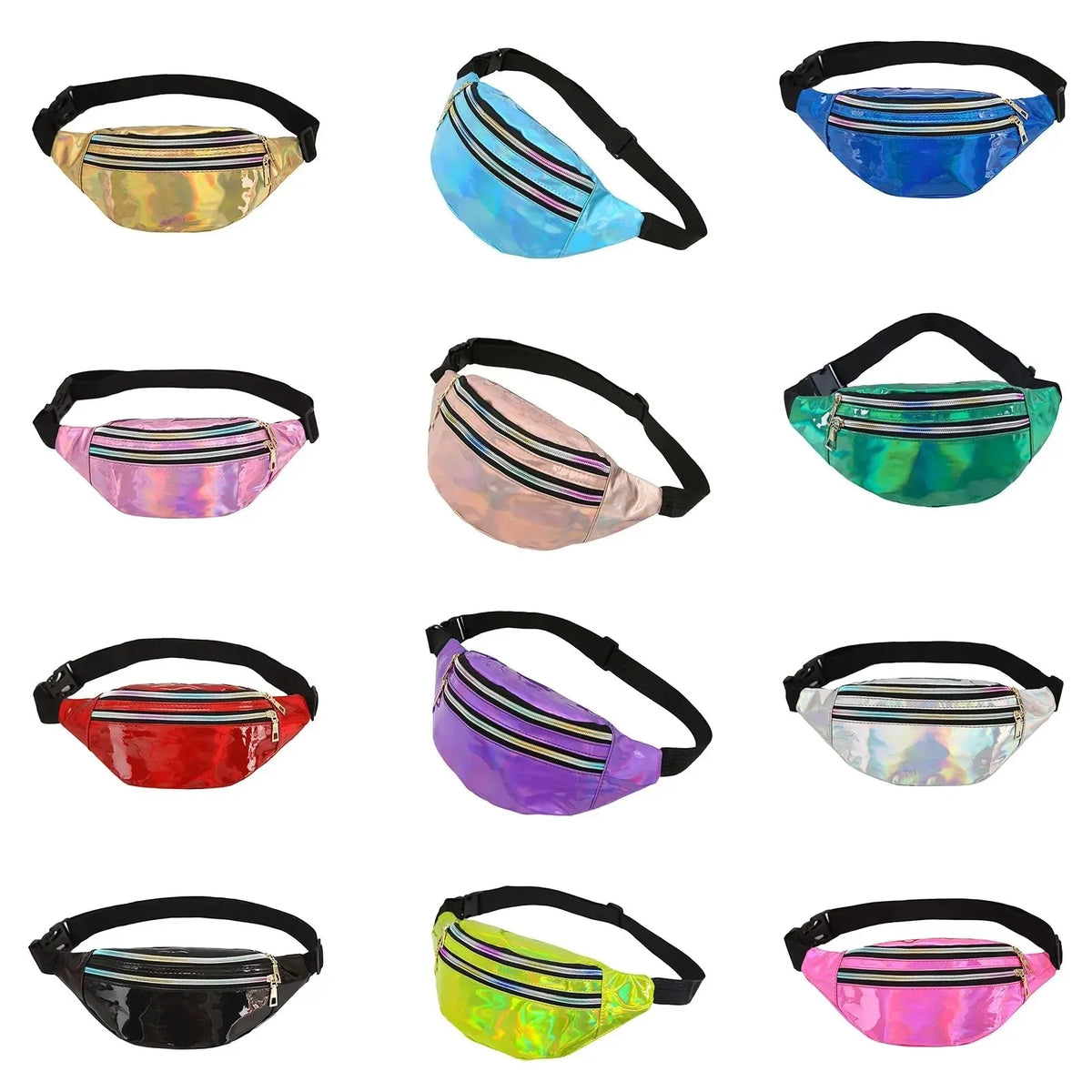 A collection of ten holographic sequin waist bags in various colors and patterns with adjustable straps.