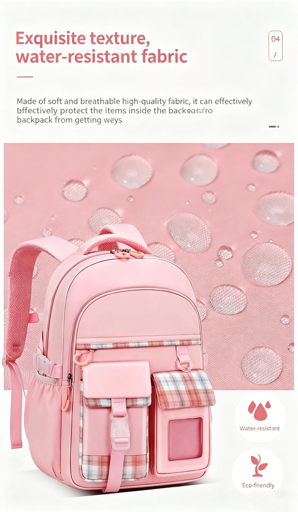 Rosa wasserabweisender Rucksack mit Karomustern vor rosa Hintergrund