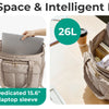 A beige multi-pocket work tote bag showing various compartments including an easy-grab pocket and a dedicated laptop sleeve.