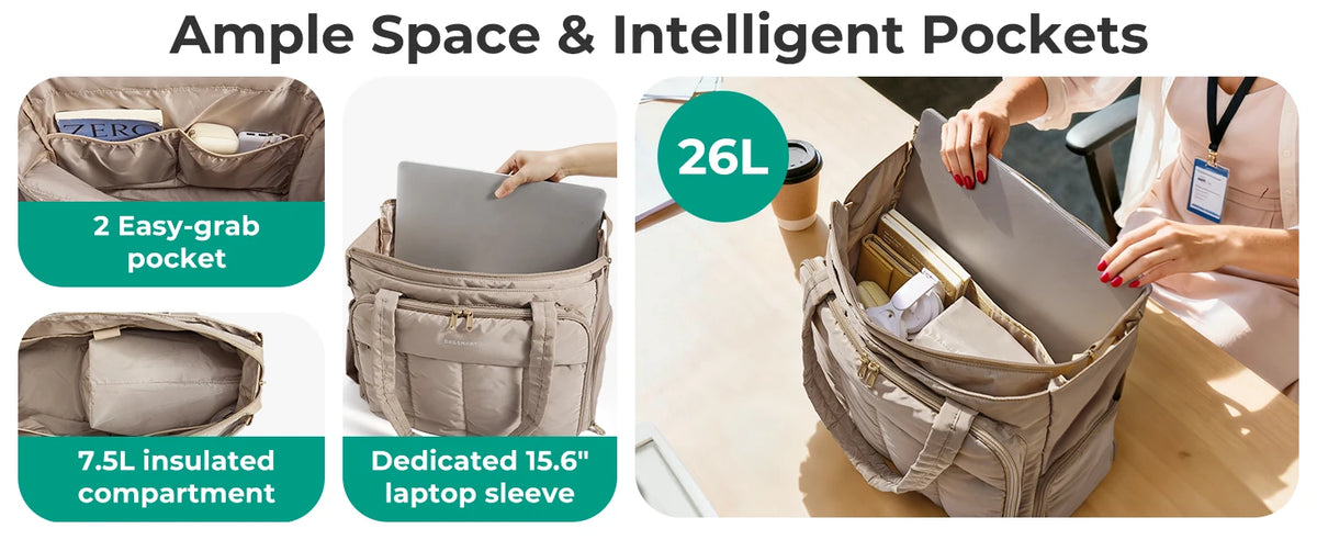 A beige multi-pocket work tote bag showing various compartments including an easy-grab pocket and a dedicated laptop sleeve.