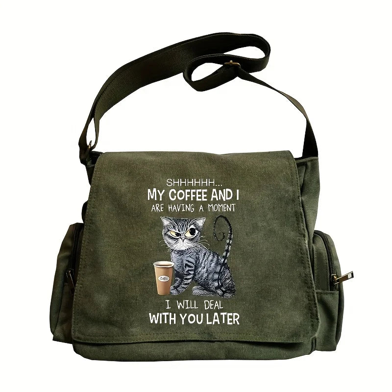 Olive green canvas messenger bag featuring a black and white striped cat print.