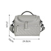 Bolsa térmica gris claro con correa acolchada de hombro, vista frontal y lateral.