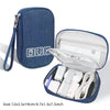 A dark blue portable digital organizer storage pouch with an open compartment showing various electronic accessories.