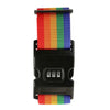 Adjustable luggage straps featuring a combination lock with multi-colored woven fabric.