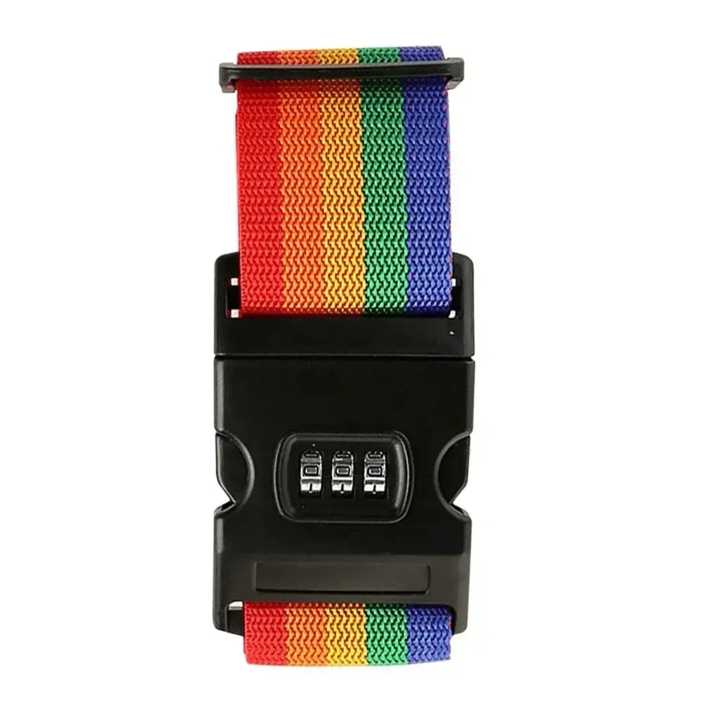 Adjustable luggage straps featuring a combination lock with multi-colored woven fabric.