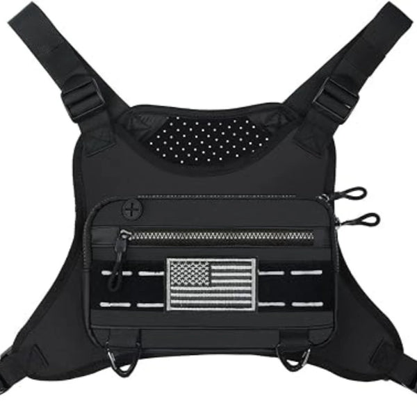 Black multi-use sports chest bag designed for outdoor activities