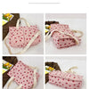 Four views of a pink canvas tote bag featuring a red strawberry pattern.