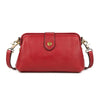 A red genuine leather crossbody bag with a gold-toned buckle closure.