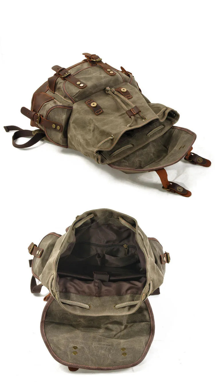 Mochila de senderismo de lona marrón con detalles de cuero, vista desde arriba.