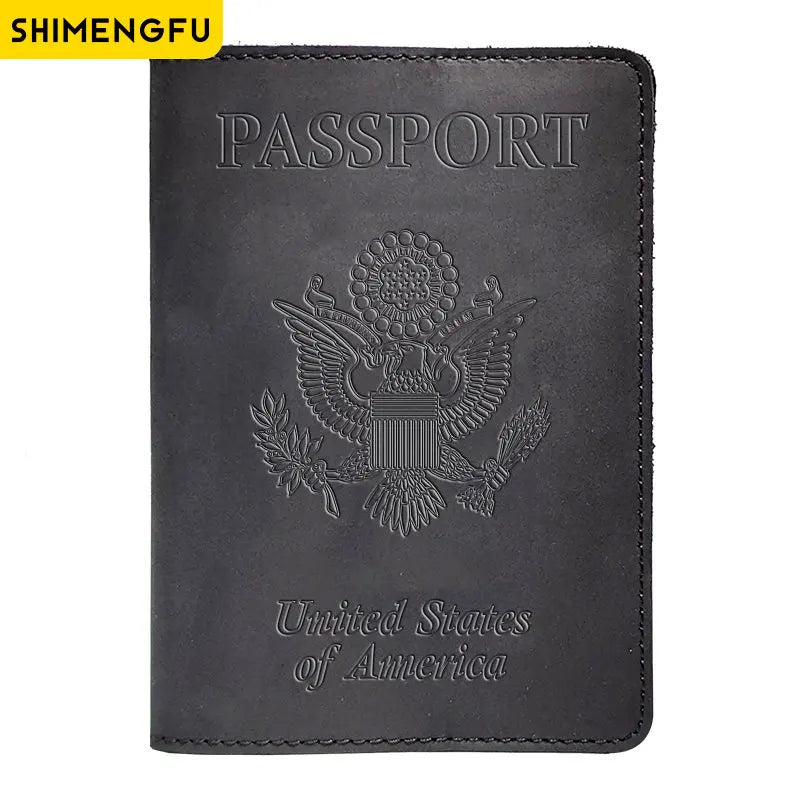 Black genuine leather passport holder featuring the United States of America eagle emblem