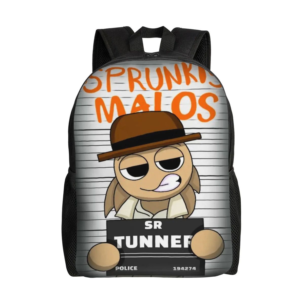 A black backpack featuring a cartoon drawing of a person in a brown hat and the text SR TUNNER POLICE 194274