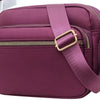 A deep purple compact oxford fabric crossbody bag with a gold-toned zipper and strap.