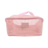 A pink mesh cosmetic organizer pouch with pink fabric handles.