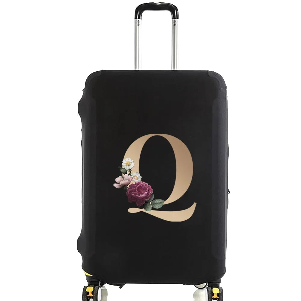 Black premium elastic luggage protective cover with a gold letter Q design