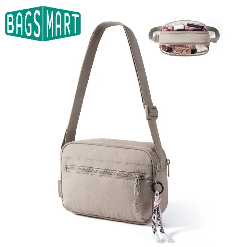A beige crossbody shoulder bag with a strap and decorative tassel, shown next to its folded version.