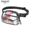Clear PVC waist bag with a black adjustable strap containing sunglasses and a pink object.