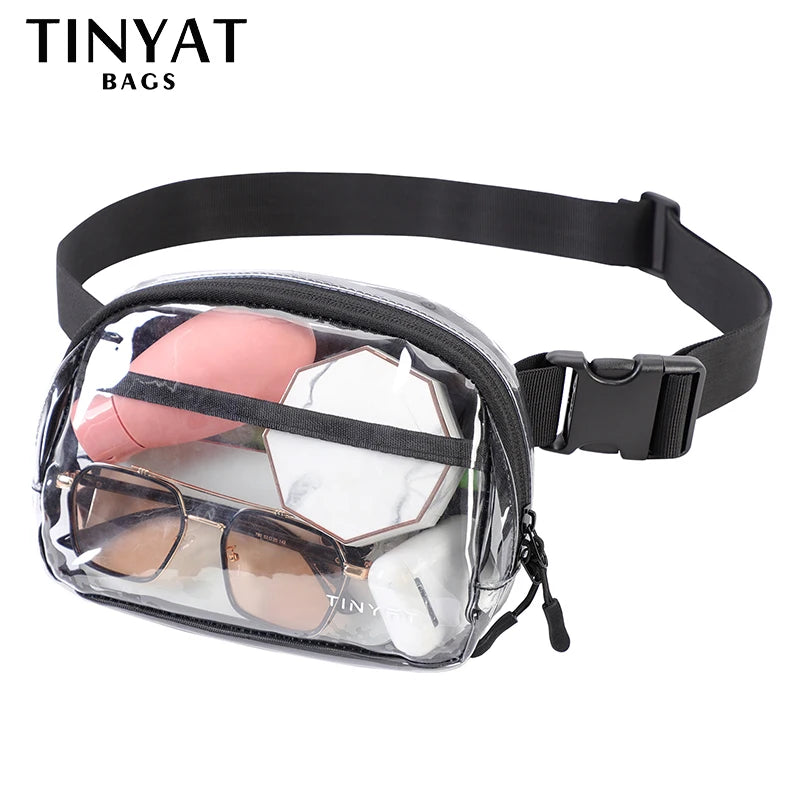 Clear PVC waist bag with a black adjustable strap containing sunglasses and a pink object.