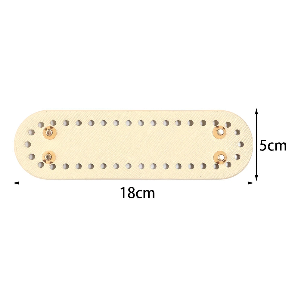 A light beige oval PU leather bag base with pre-punched holes for crochet and knitting projects.