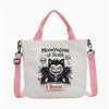 Bolso de tela blanca con diseño de cara de gato negro y texto que dice "Estoy aburrido"