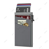 A silver metal card holder displaying various credit cards and cash inside.