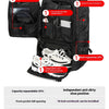 A black durable travel backpack showing various features like multiple compartments, expandable capacity, and anti-dirty shoe