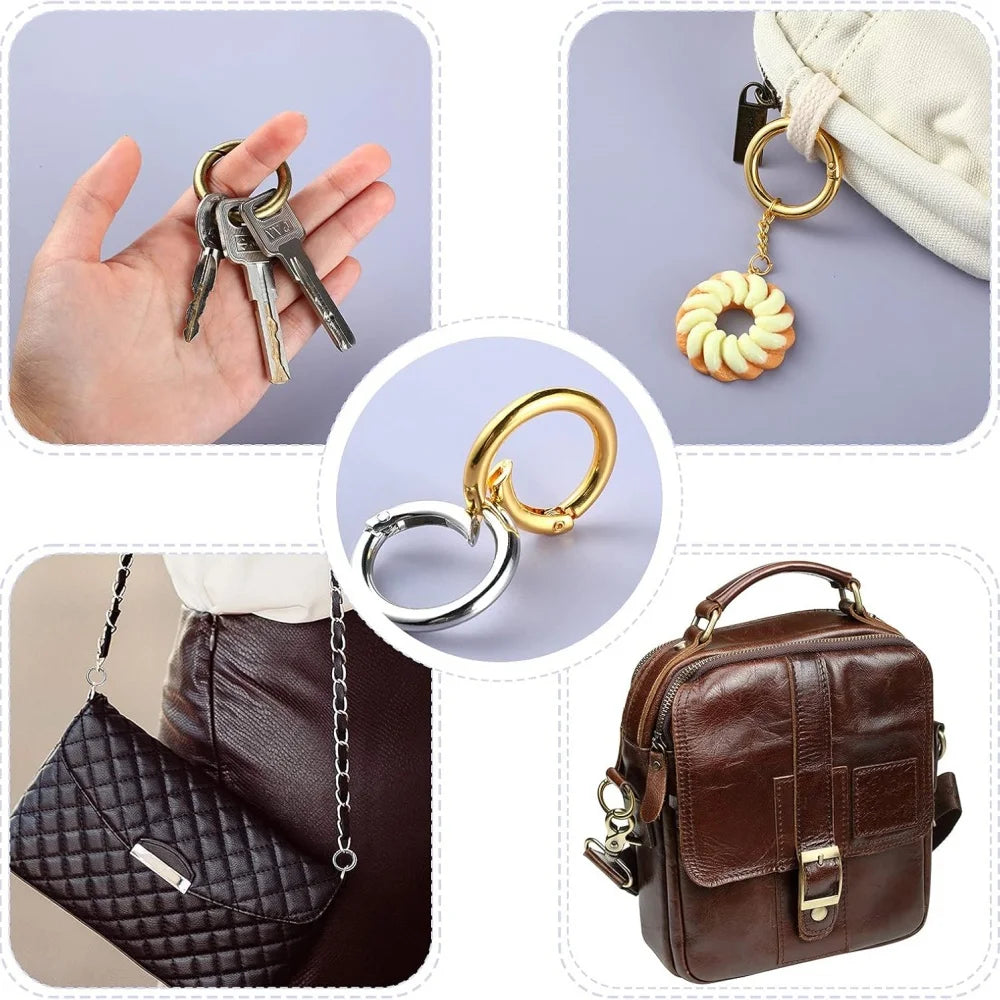 Stainless steel spring clasp keychain rings in a pack with a brown leather purse and a brown leather bag