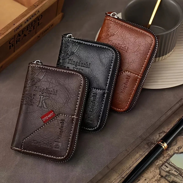 A collection of brown and black vintage PU leather slim wallets with gold accents resting on a dark surface.