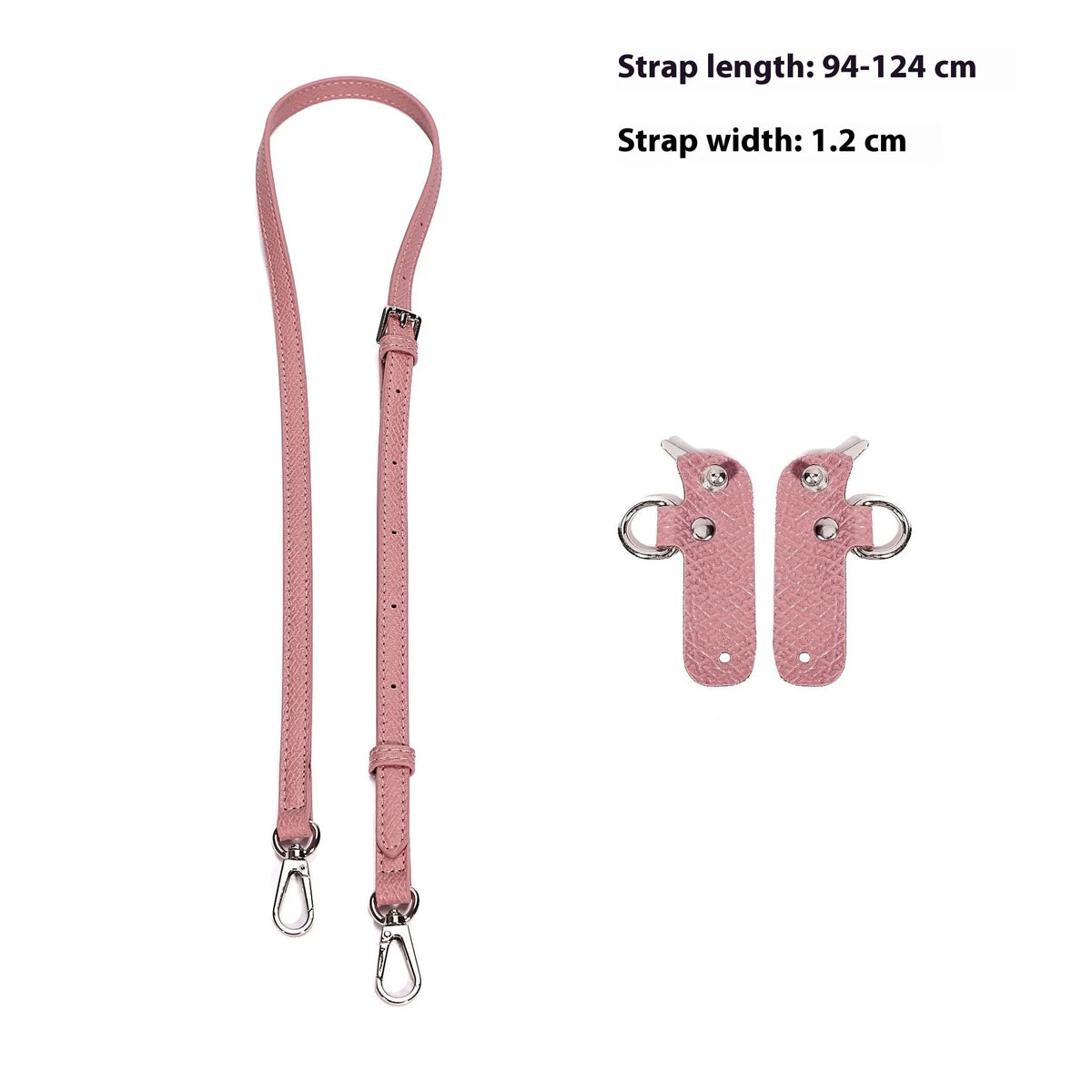 Pink adjustable strap set for mini bags with metal hardware and adjustable length
