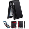 Black RFID blocking pop-up card holder wallet with money clip shown from the side.