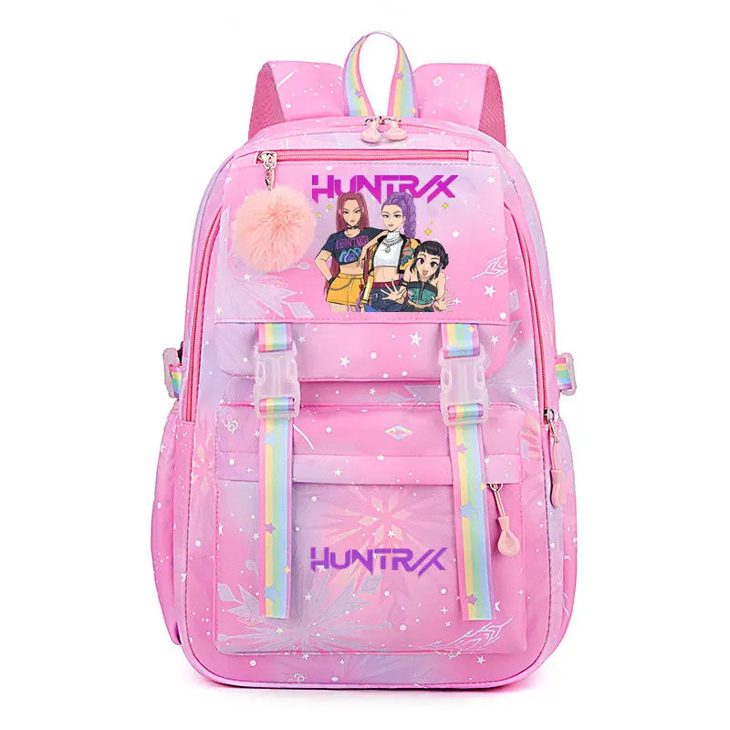 Pink Huntrix laptop backpack featuring a graphic of three female characters and purple accents
