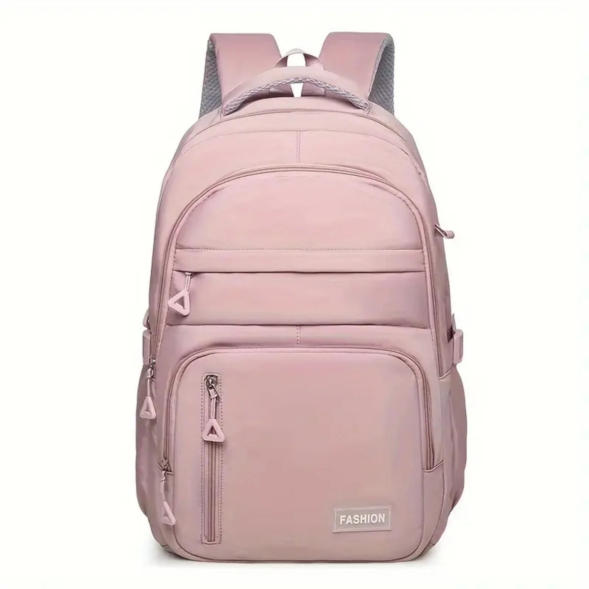 A pink versatile travel backpack with gray accents shown from the back.