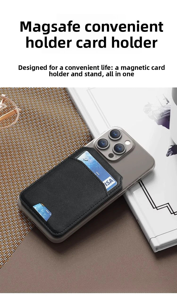 Un porte-cartes magnétique noir et un support sont montrés sur un smartphone, conçus pour un rangement pratique.