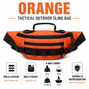 Orange tactical outdoor sling bag featuring a molle system, multi-pocket design, and durable construction.