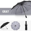 A gray heavy-duty windproof automatic umbrella shown in various views.