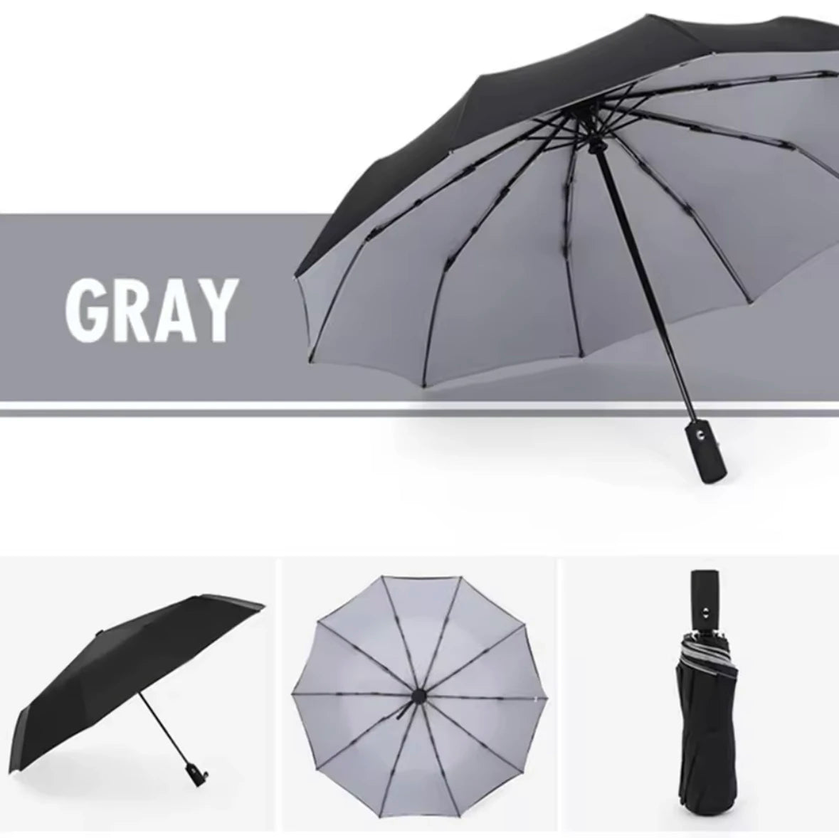 A gray heavy-duty windproof automatic umbrella shown in various views.
