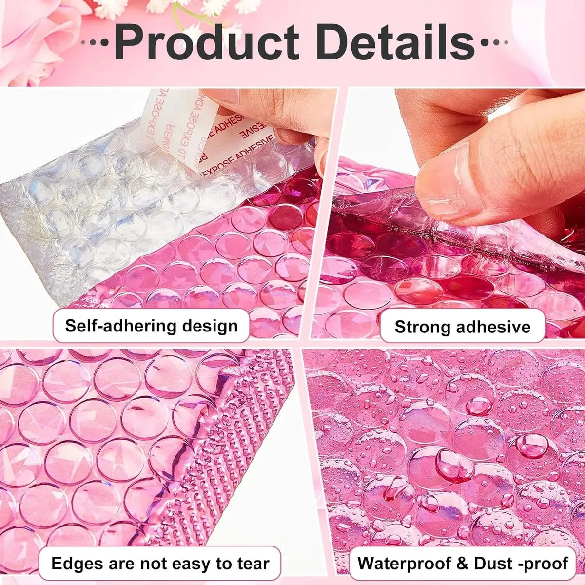 Pink holographic bubble mailers featuring a self-adhering design and strong adhesive for sealing.