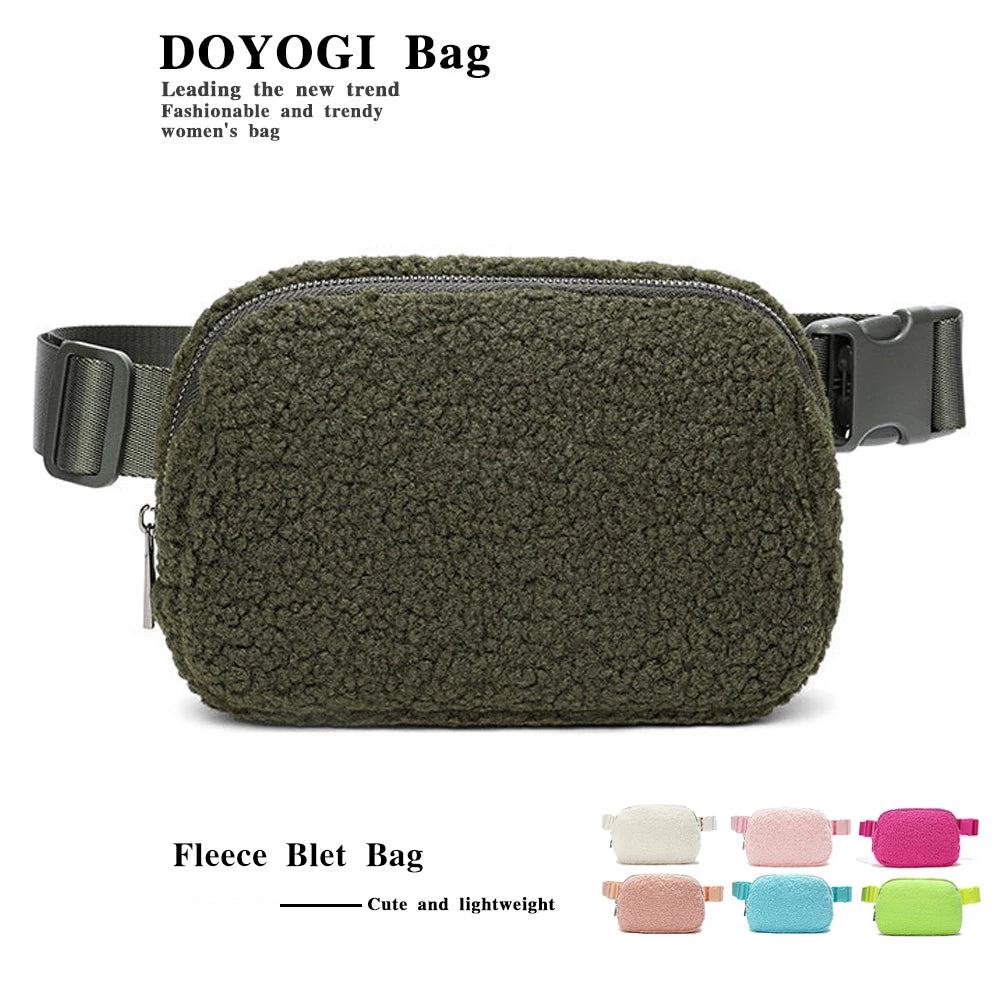 Olive green fleece belt bag with black strap and various pastel colored options.