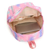 A pink and purple multi-compartment backpack set with a light beige interior and a pink strap.
