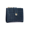 A dark blue leather square folding wallet with gold hardware and embossed text.