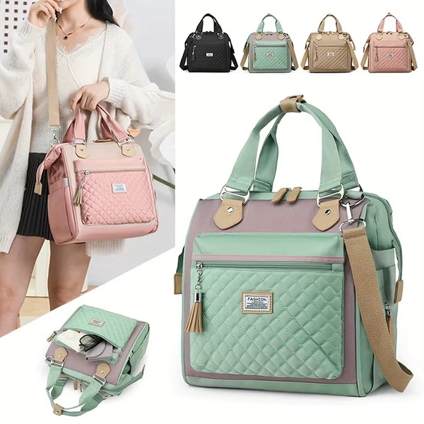 A collection of pink and green insulated thermal lunch bags for food storage.