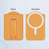 Front and back views of an orange magnetic PU leather phone wallet with a card holder and stand