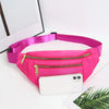 A bright pink multi-layer sports waist bag with a zipper, resting on a white surface.