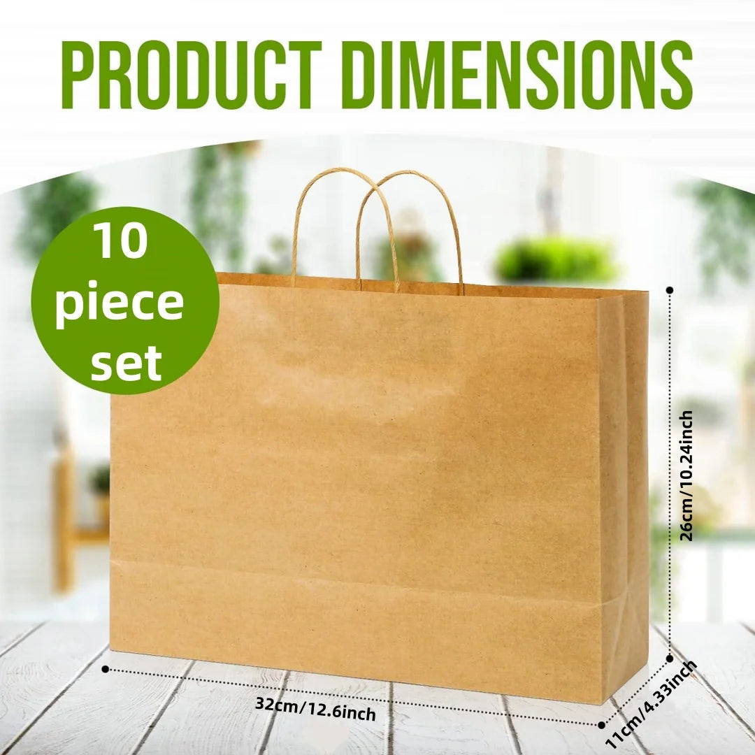 A brown kraft paper gift bag with handles is shown next to a ruler for dimension reference.