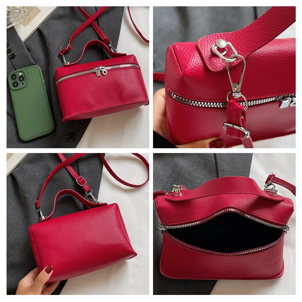 A red pebbled leather box crossbody bag shown in various angles against a gray fabric background.