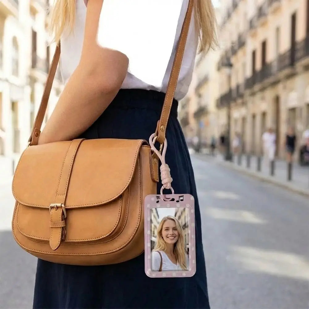 A woman holds a tan leather card holder with a pink polka dot photo and lanyard against a blurred street background.